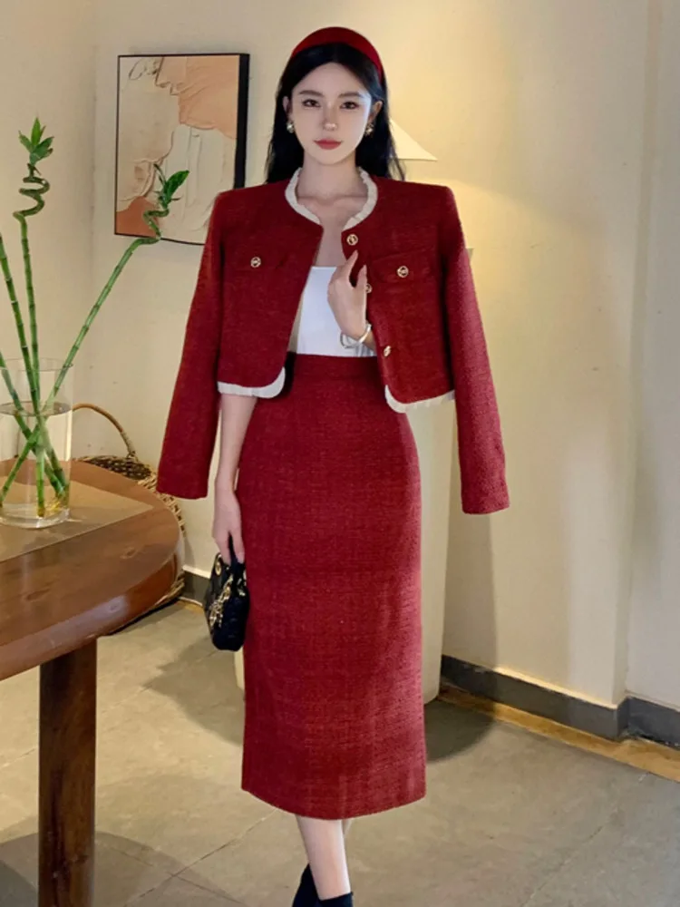 

Luxury Tweed Two Piece Set Women Outfits Female Vintage Short Jacket Coat + Long Skirt Sets Autumn Winter Woolen 2 Piece Suits