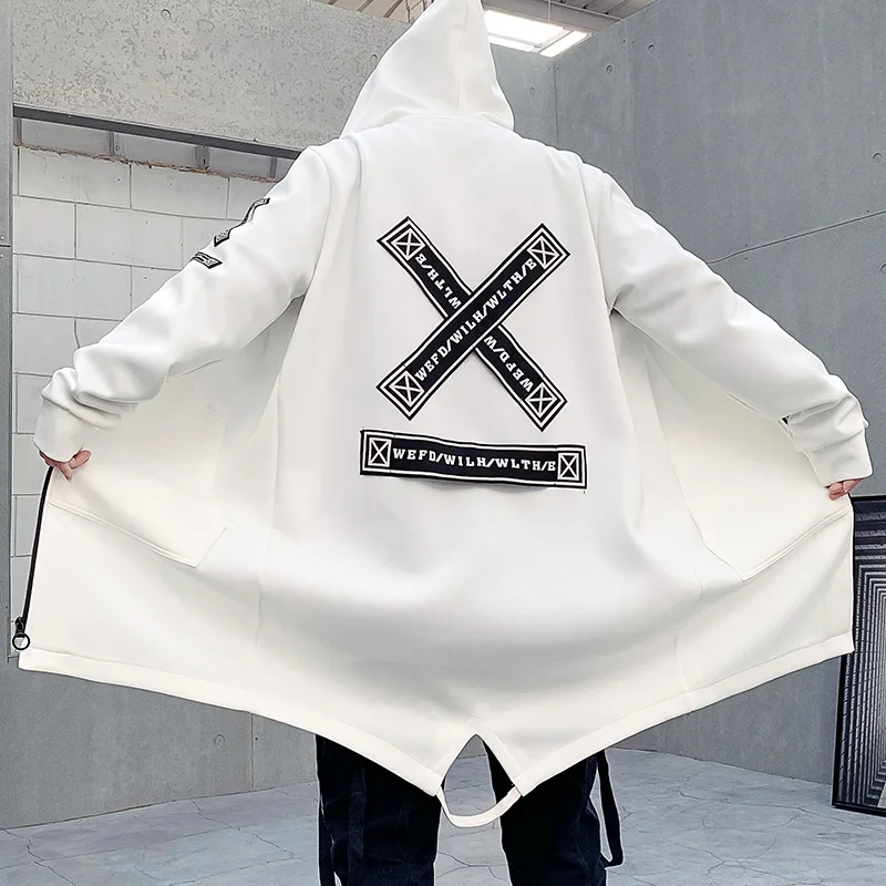 Fashion Printed Mens Trench Coat Hooded Harajuku Windbreaker
