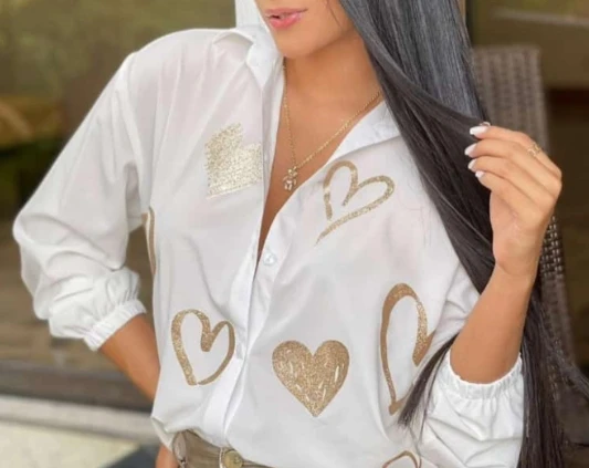 2023 Top Selling On Similar Deals Spring New Fashion Women's Heart Hot Stamping Button Up Commuting Casual Shirt Female Clothing new 2023 hot selling color blocking heart shaped contrasting sequins casual dresses in stock for women