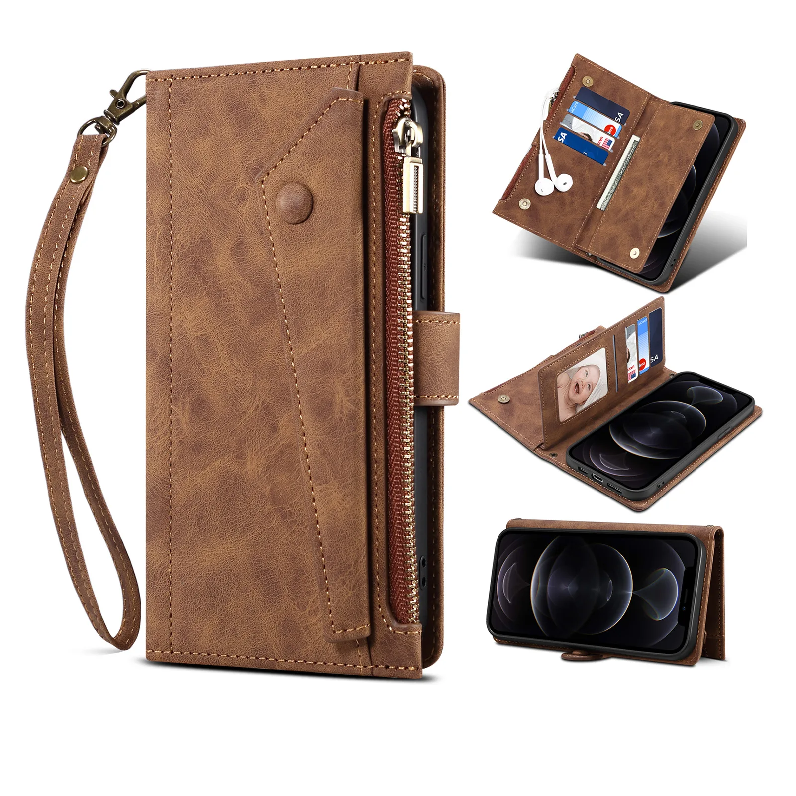 Luxury Leather Crossbody Zipper Wallet Case with Lanyard and Multi Card Slots