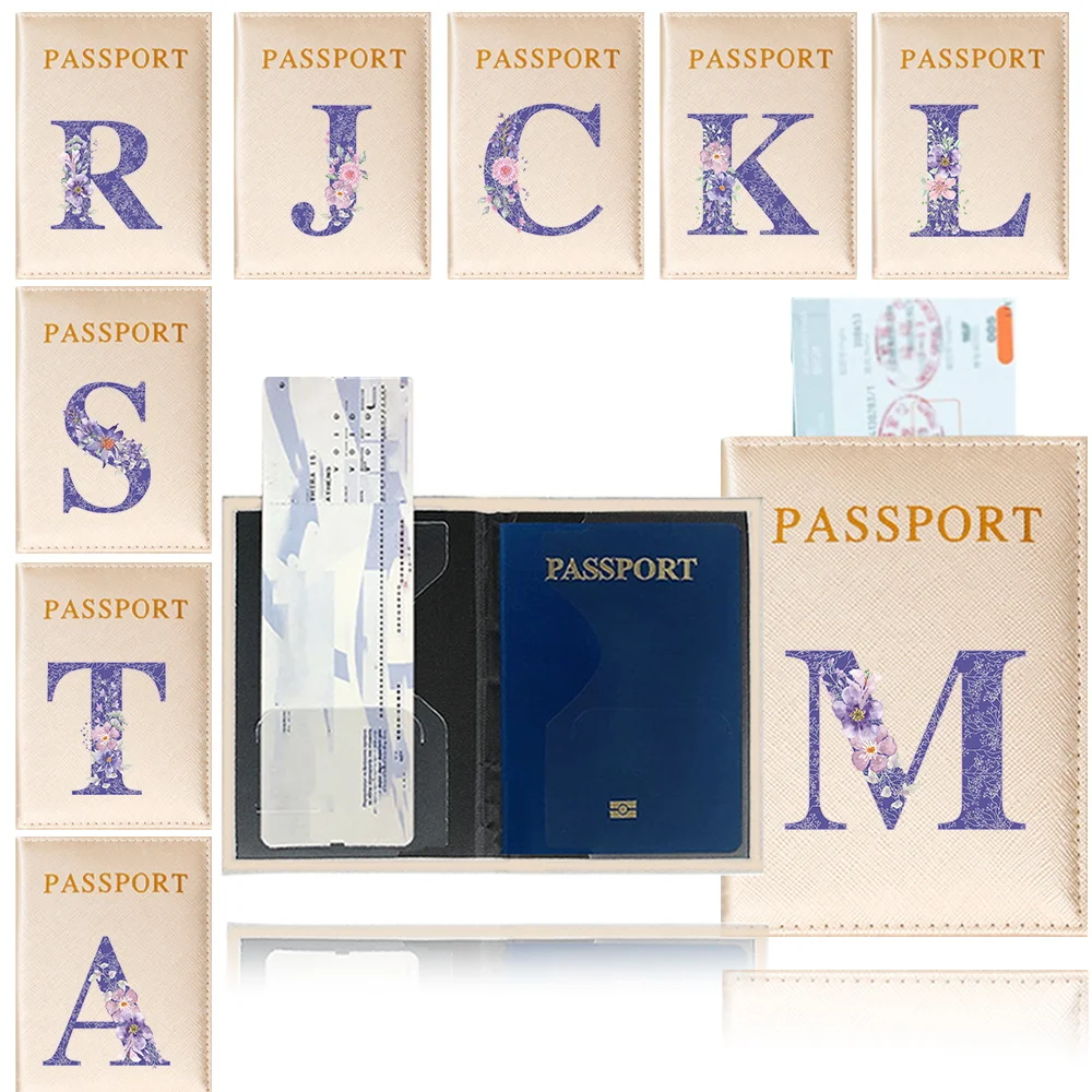 

Passport Cover Travel Waterproof Passport Holder Cover Wallet Gold Color ID Card Holders Purple Flower Pattern Series