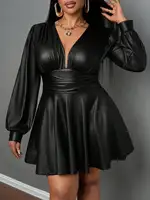 plus Size Leather Skirt for Women Deep V Neck Lantern Sleeve Waist Cinched A-Line Party Outfit Sexy Girl's Ensemble