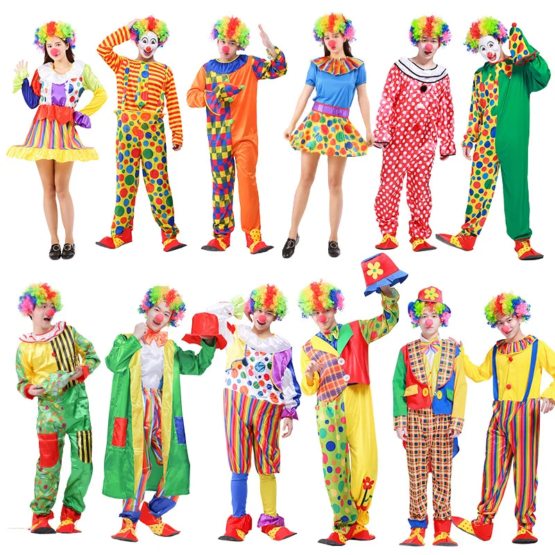 

Halloween Adult Funny Circus Clown Naughty Cosplay Costumes For Men Women Carnival Christmas Party Clown Costume Wig and Nose