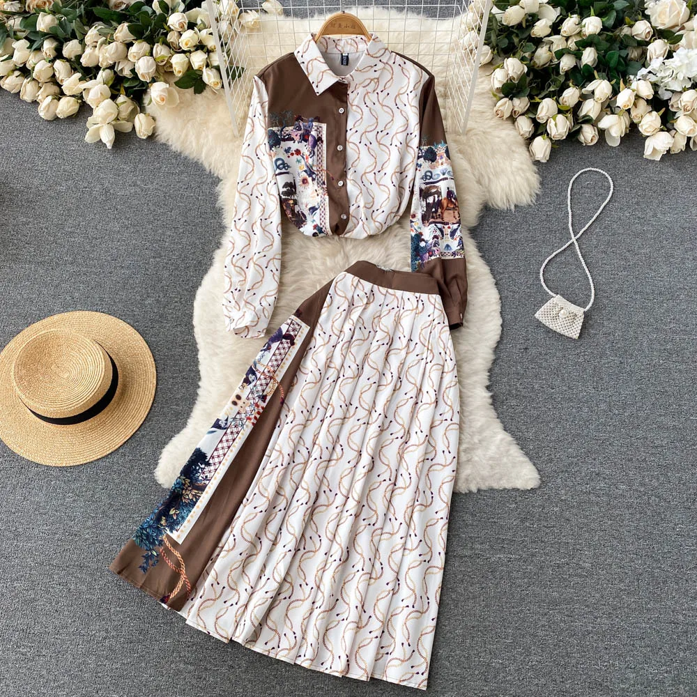 

Spring European and American Fashion Temperament Printing Lapel Long-sleeved Shirt Mid-length Pleated Skirt Two-piece Set
