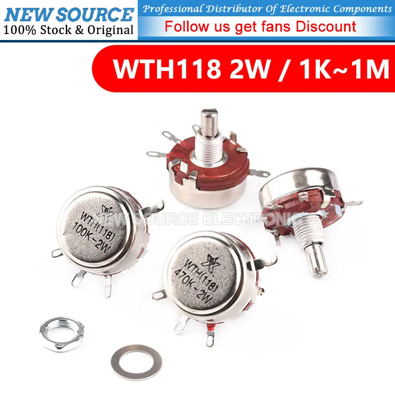 2PCS WTH118 2W 1A Potentiometer 1K 2.2K 4.7K 10K 22K 47K 100K 470K 1M WTH118-2W Round Shaft Carbon Rotary Taper Potentiometer