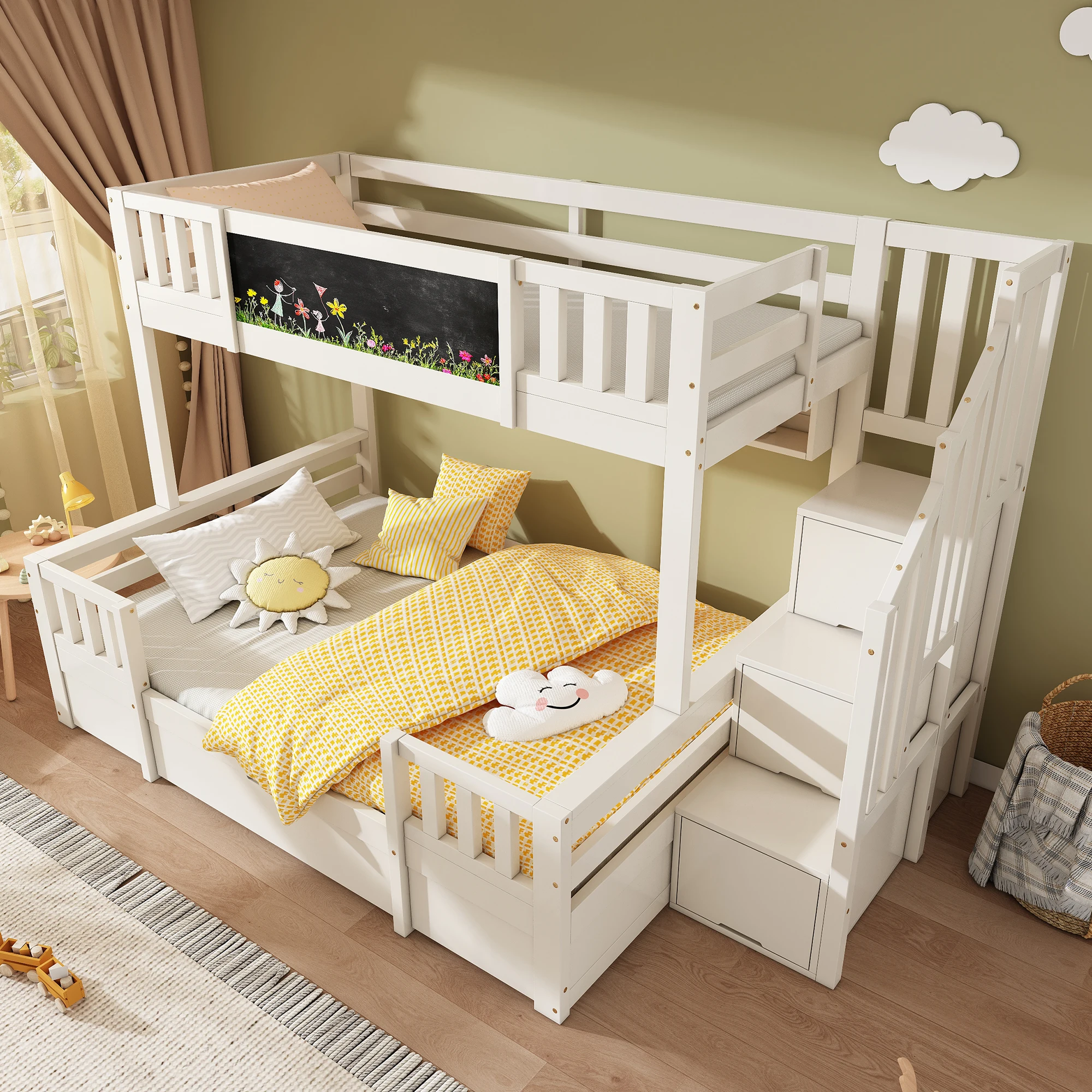 Etagenbett für 3 Kinder, Größen 90x200 & 140x200, Massivholz mit Tafel, Stauraumtreppe, Schubladen und Loft-Design. – Detail 15
