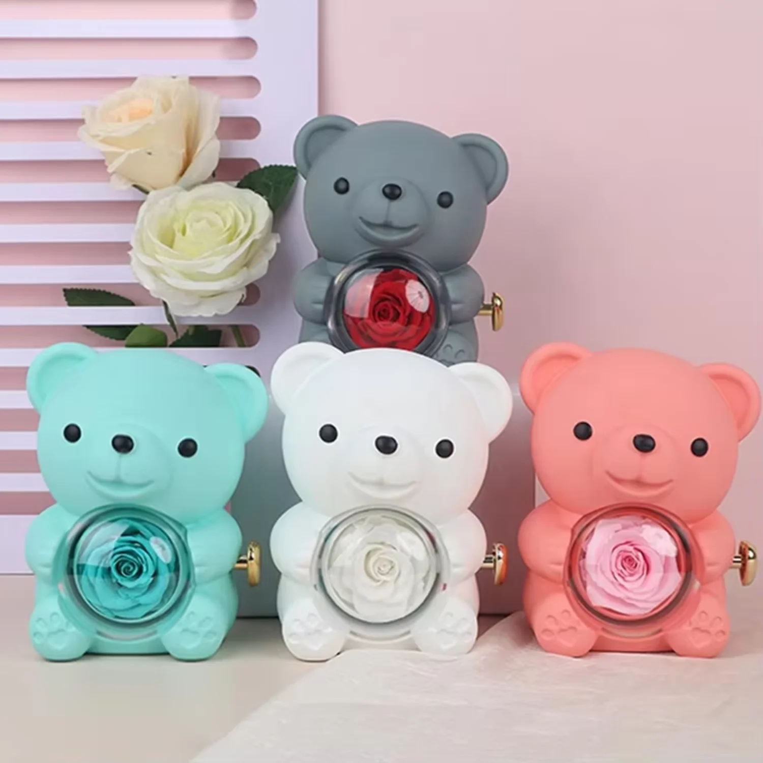 Valentines Day Gift Rose Bear Jewelry Necklace Rings