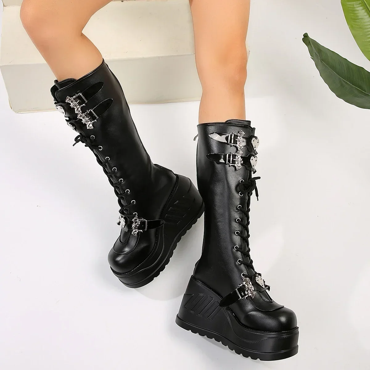 Women's Cool Retro Punk Boots: Chunky Wedges, Metal Design, Lace Up PU Leather - High Quality Outdoor Shoes 35-43