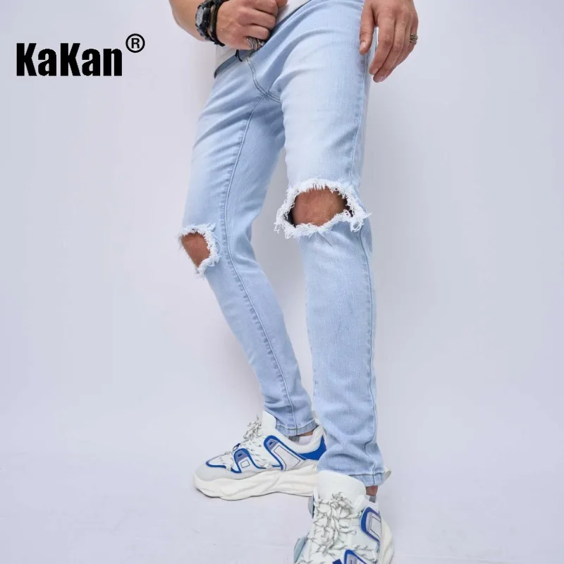 Kakan Europe and America's New Perforated Stretch Jeans for Men, Classic Solid Color Casual Small Foot Slim Pants K49-602
