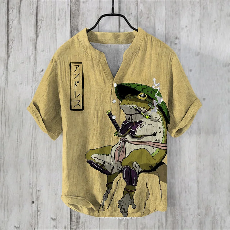 

summer mans shirt Japanese-style Henry Shirt Men's casual printed short sleeved T-shirt foreign trade fashion tops