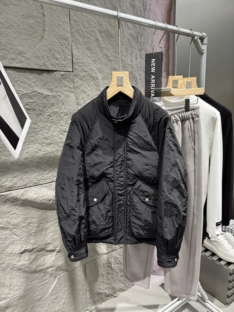 Stand Collar Casual Mens Down Coat Fashion Design High Street Long Sleeve Outerwear Solid Color Zipper Loose Fit Warm Men Coat