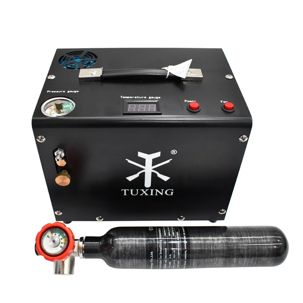 TUXING 4500Psi 300Bar PCP Air Compressor High Pressure Electric Built-in 12V Power Adapter Compressor for Diving Tank TXET062