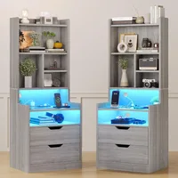 Charging Nightstand Set of 2 with LED Lights, Tall Night Stand with Bookshelf,Bedside Table with Drawers, Side Tables Bedroom 1