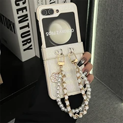 Luxury Korean Camellia Pearl Leather Bracelet Laser Phone Case - Stylish Girl Edition - Z Flip 5 (A)