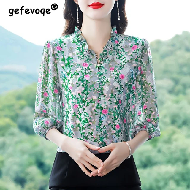 Moda Botão solto Up Casual Camisa Mulher Elegante Impresso Floral