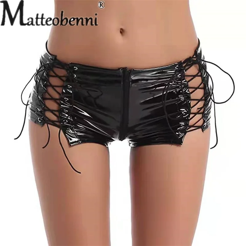 Women High Gloss PVC Patent Leather Shorts Sexy Side Lace-up Zipper Open Crotch Three Quarter Pants Female Nightclub Party Wear