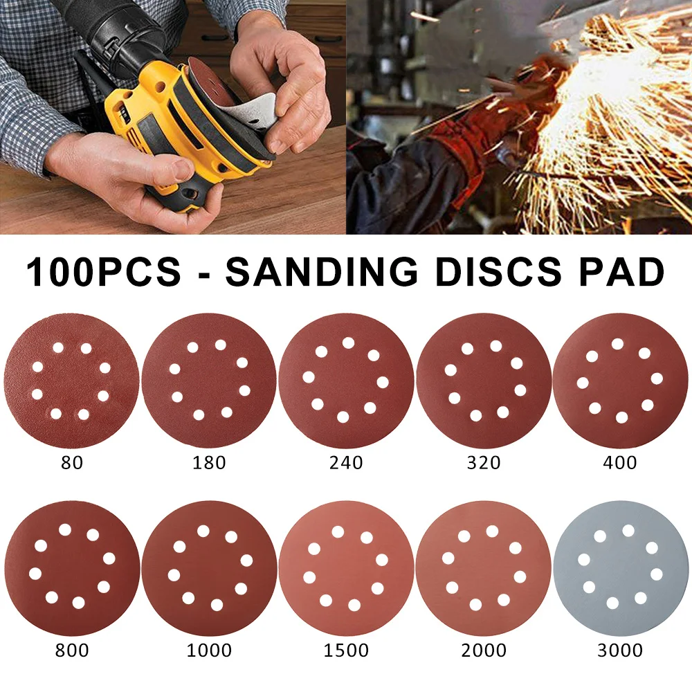 

100Pcs 125mm Sanding Discs 8 Hole Hook Loop Sandpaper 80Grit-3000Grit Sanding Paper 5Inch Sanding Disc Abrasive Polishing Tools