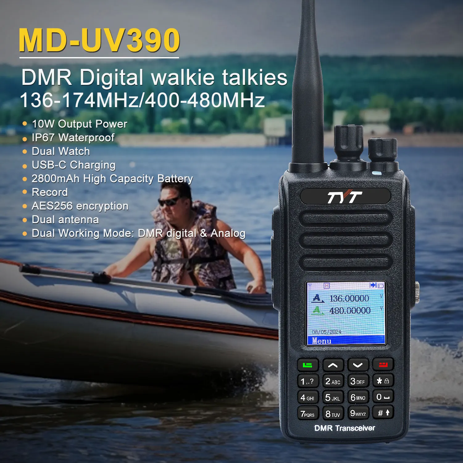 TYT MD-UV390 10W IP67 Wateroof Record VHF UHF Dual Band AES256 Encryption DMR Digital Walkie Talkie with USB-C 2800mAh Battery 2