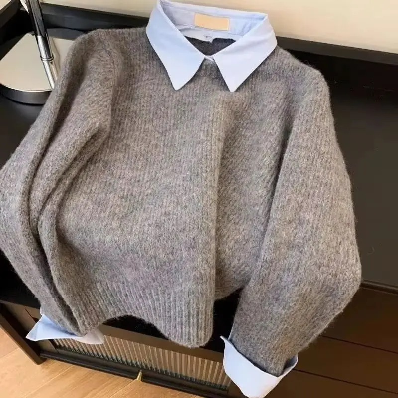 New Fake Two Shirts Collar Sweater Women's Autumn Contrasting Color Gray Knit Sweater Pullover Sweaters Warm Knitwear Female 1