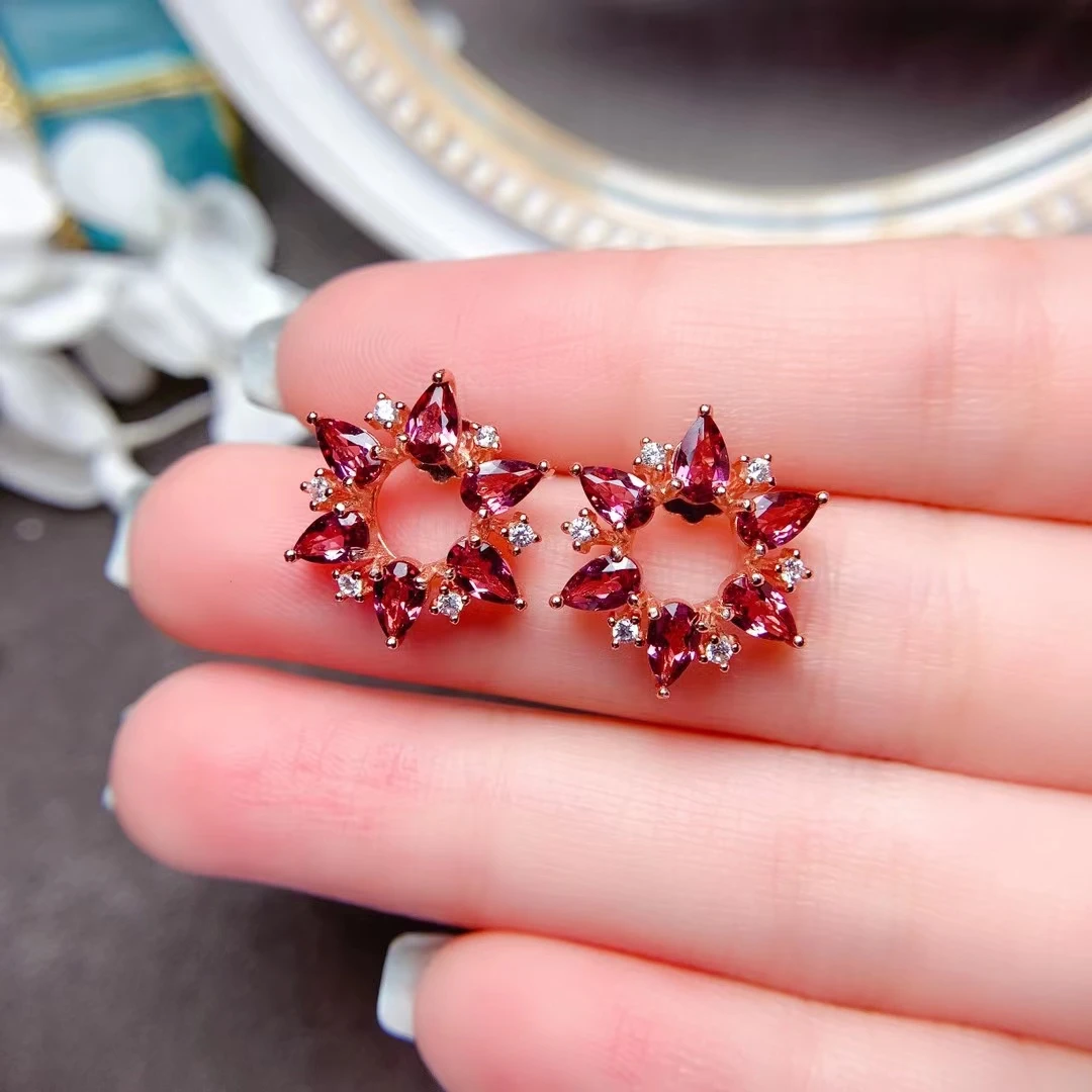 

MeiBaPJ Natural Garnet Flower Stud Earrings Real 925 Sterling Silver Red Stone Earrings Fine Charm Jewelry for Women
