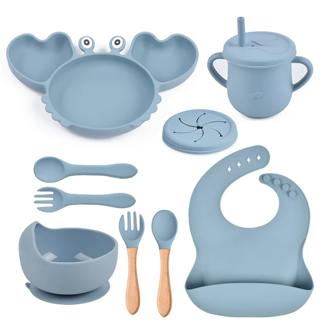 Assiette de crabe en silicone pour bébé, ventouse britannique avec paille, bol mignon, assiette, bavoir, cuillère, ensemble d'alimentation pour enfants, 9 pièces 1
