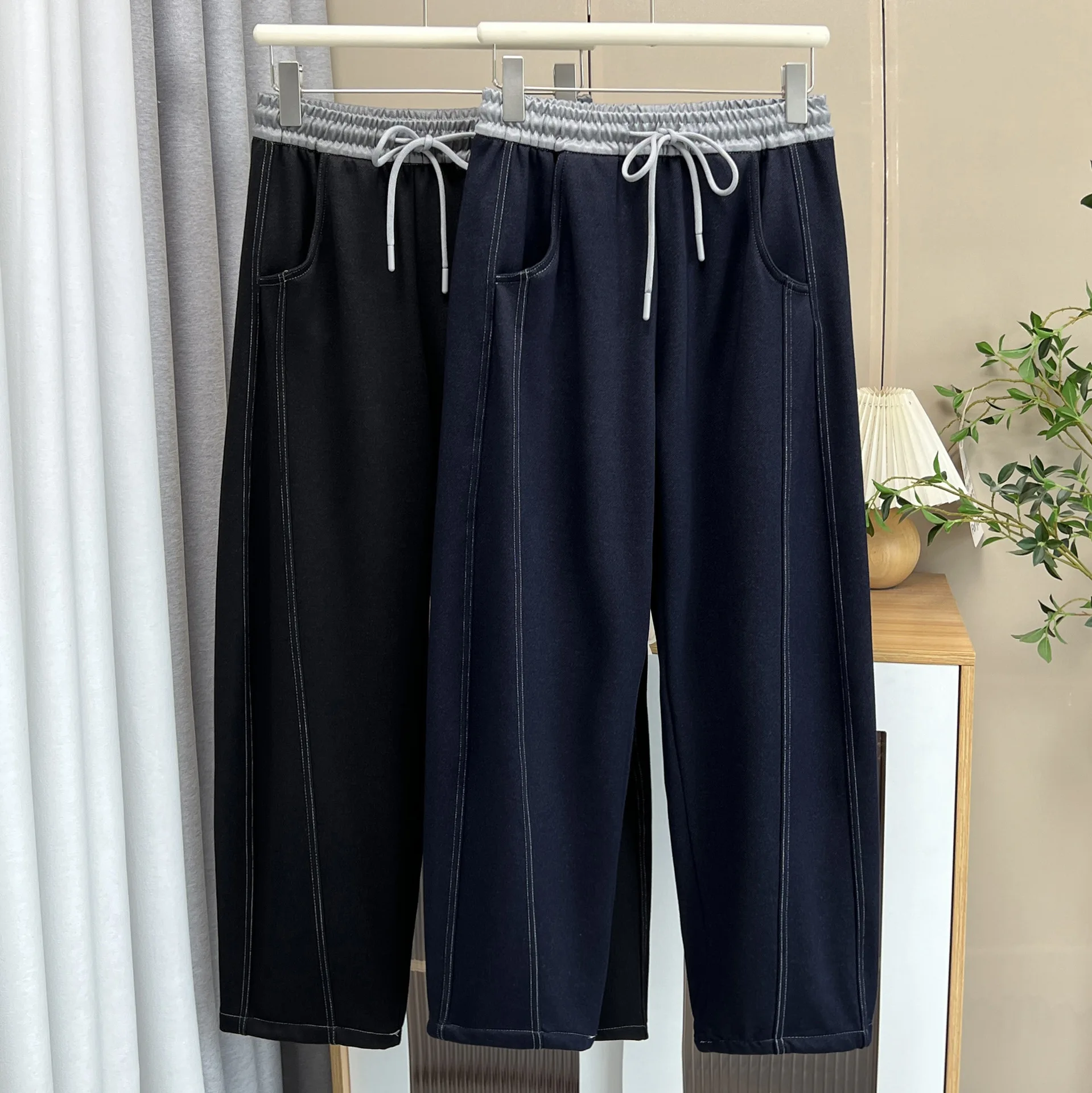 XXXXL Fashion Plus Size Women's Straight Pants Winter New Style Simple Fleece Curved Warm color-matched Trousers 8232