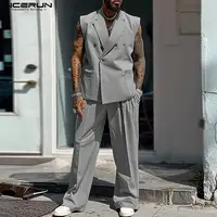 Men's 2024 INCERUN American Style Solid Color Sleeveless Sets Casual Insert Pocket Two-piece Suits Street Fashion Oversize 2