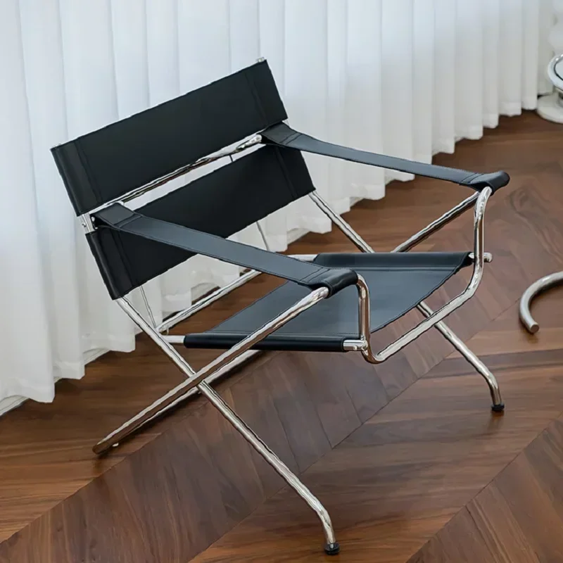 Nordic Saddle Leather Portable Storage Folding Recliner Designer Wassily Single Chair Stainless Steel Single Back Chair Sofa