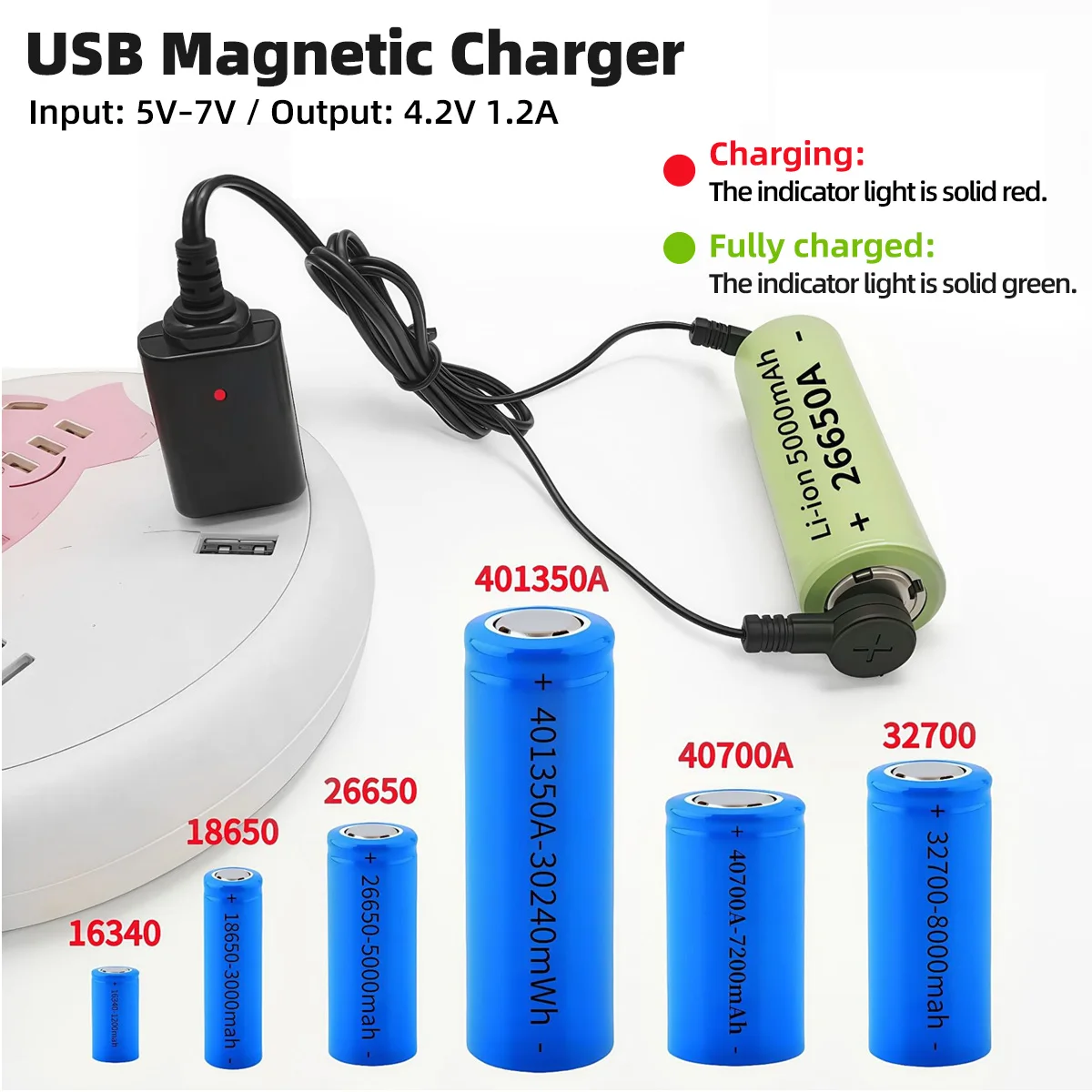 18650 16340 26650 리튬 배터리에 적합 3.7V 및 4.2V 범용 충전기 마그네틱 USB 충전 케이블 여성용 소켓