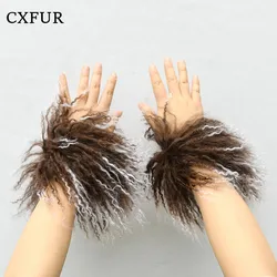 Women Furry Wrist Decoration Curly Real Mongolian Lamb Fur Cuffs CX-A-47
