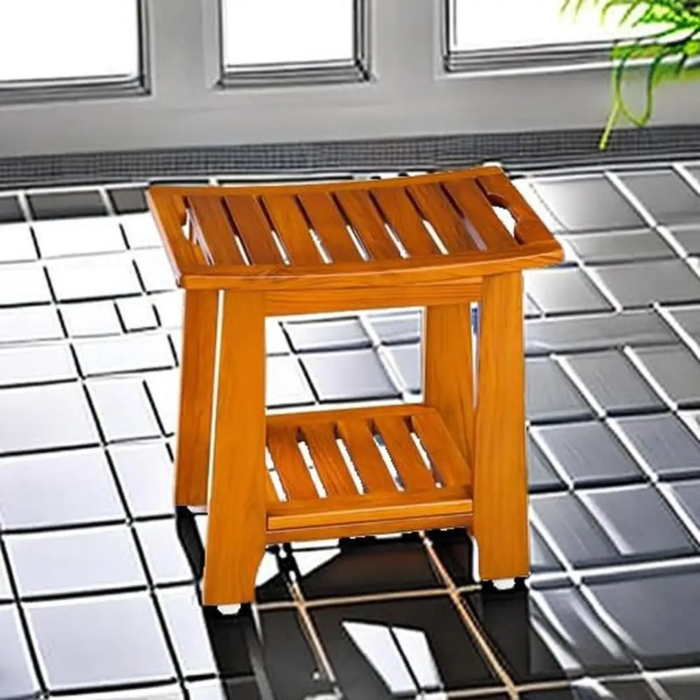 Teak Spa Shower Bench Seat with Handle Shelf Waterproof Bathroom Stool Indoor Outdoor 18 Inch Durable Solid Wood Non-Slip Legs 6