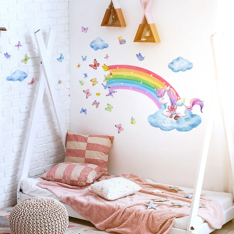 Wall Stickers Unicorn Rainbow Cloud and Butterfly Wall Sticker Background Wall Living Room Decoration