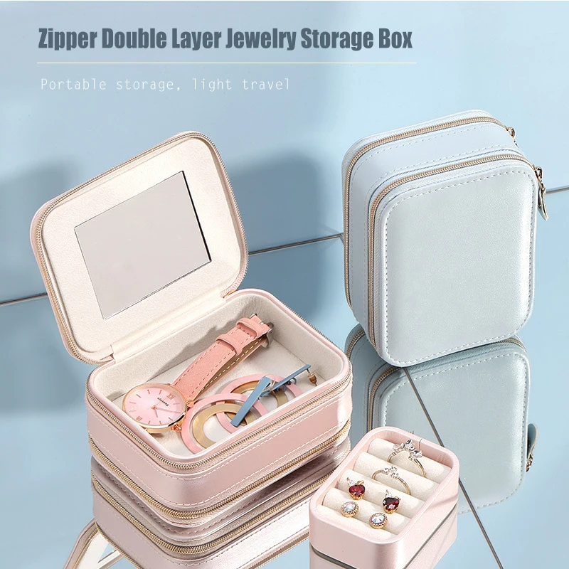 

Двухслойный органайзер для хранения ювелирных изделий, портативная шкатулка для ювелирных изделий из полиуретана, дорожная шкатулка для ожерелий, серег, колец, коробки, органайзеры для чехлов
