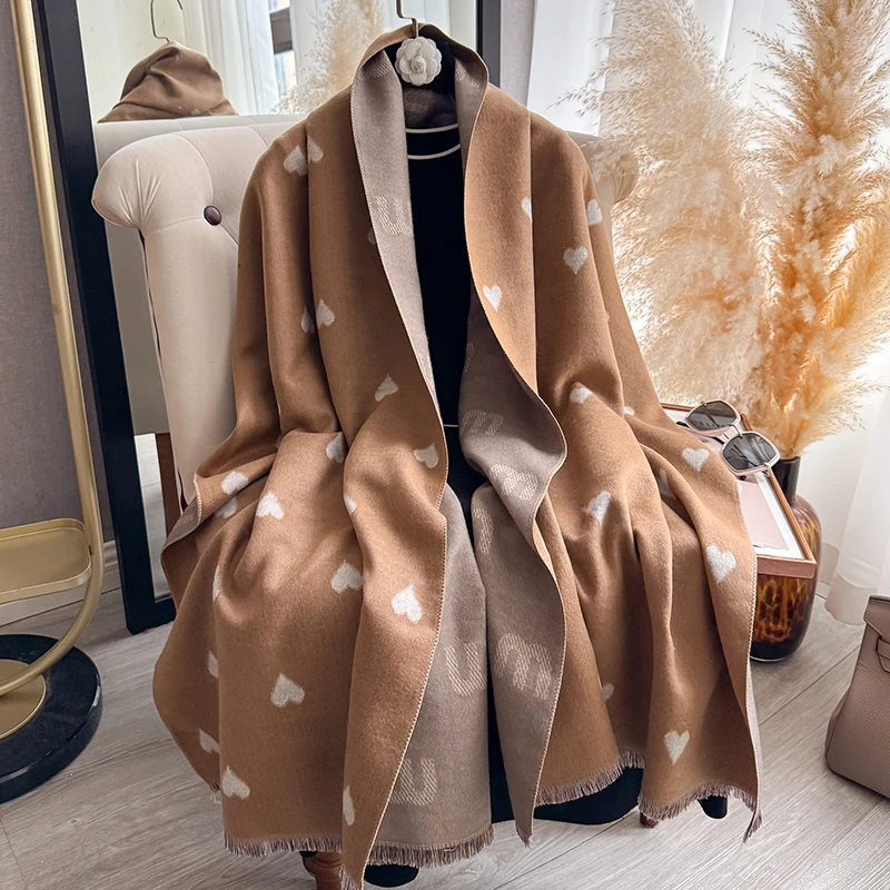 Women's Autumn Winter Faux Cashmere Scarf Shawl Wrap - New Heart Jacquard Pattern, Warm Neck Guard, Doubles as Blanket