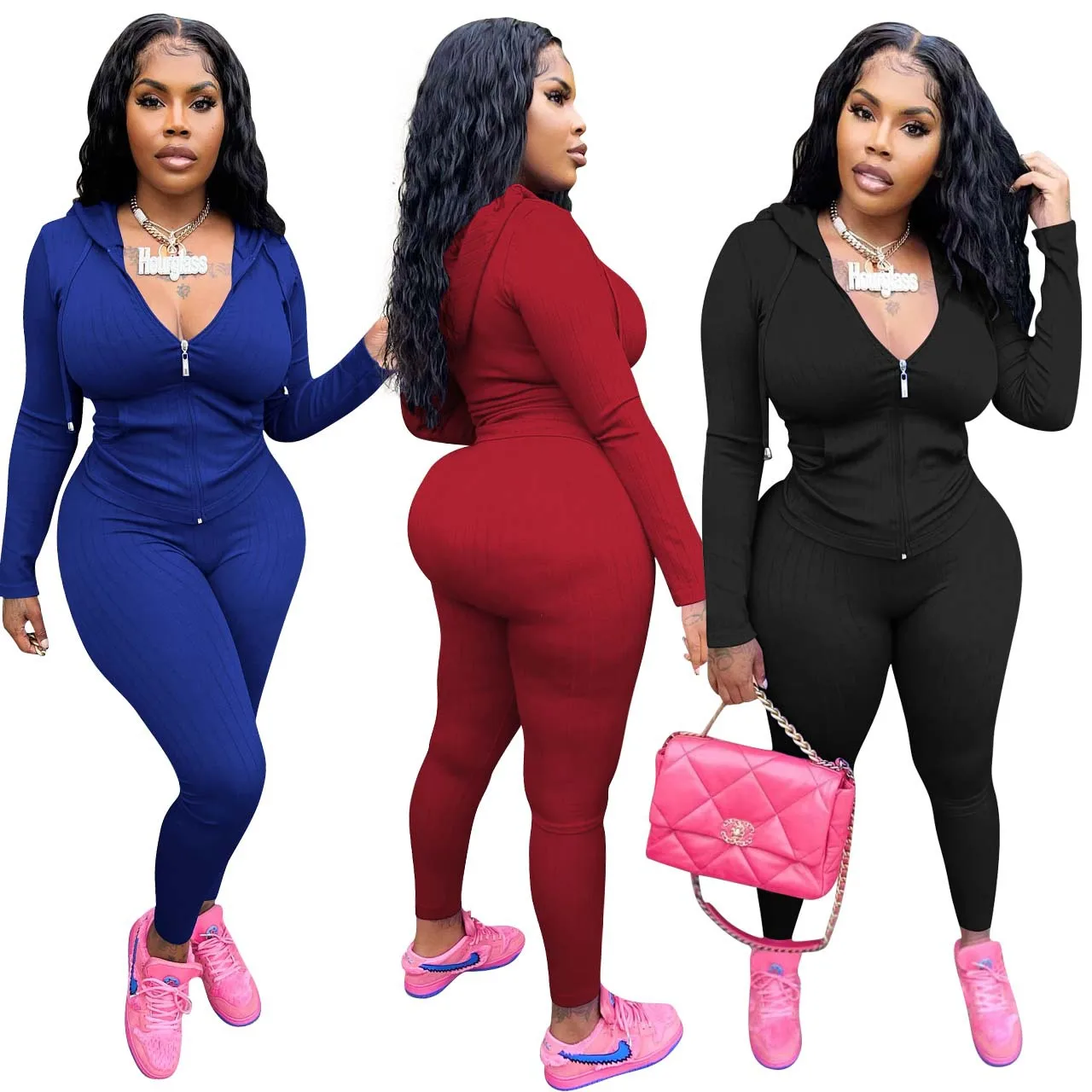 Autumn Two Piece Set Women Long Sleeve Hooded Zipper Pocket Sporty Jackets+Leggings Matching Sets Workout Stretchy Outfits