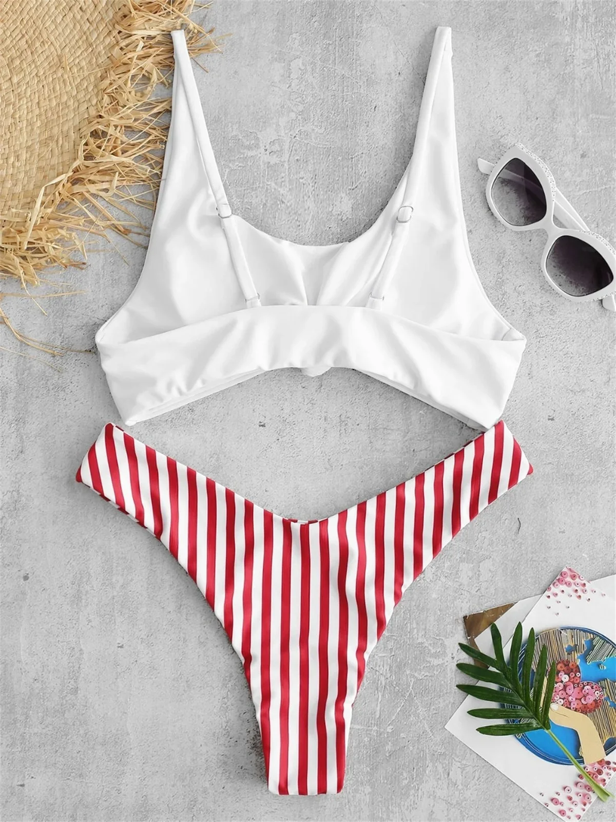 Striped Scoop Neck Bikini Set with Front Knot Top and High-Cut Bottoms — photo 2