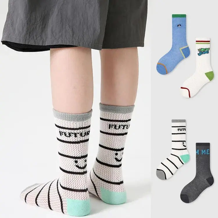 

2024 Summer Socks Boys Trendy Letter Print Cartoon Pattern Socks 3-12Y Children Socks Cotton Socks Mid Calf Length Kids Socks