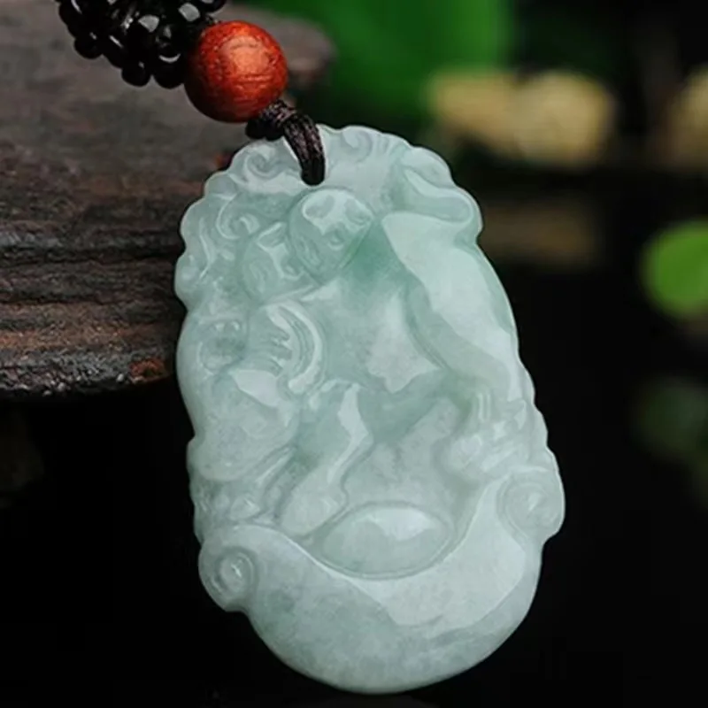 Burma Unisex Jadeite Pendant Hand Carved Lucky Amulet Chinese Zodiac Jade Necklace With Chain For Men Women Gift