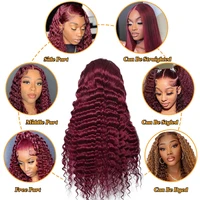 Perruque en cheveux humains couleur bordeaux, ondulations profondes, perruque frontale en dentelle 13x4, dentelle HD transparente, perruque bouclée pour femmes 3