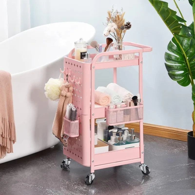 Storage rack Rolling storage cart 3-Tier Rolling Cart Metal Utility Cart Handle Lockable Wheels Hooks Bathroom Living Room