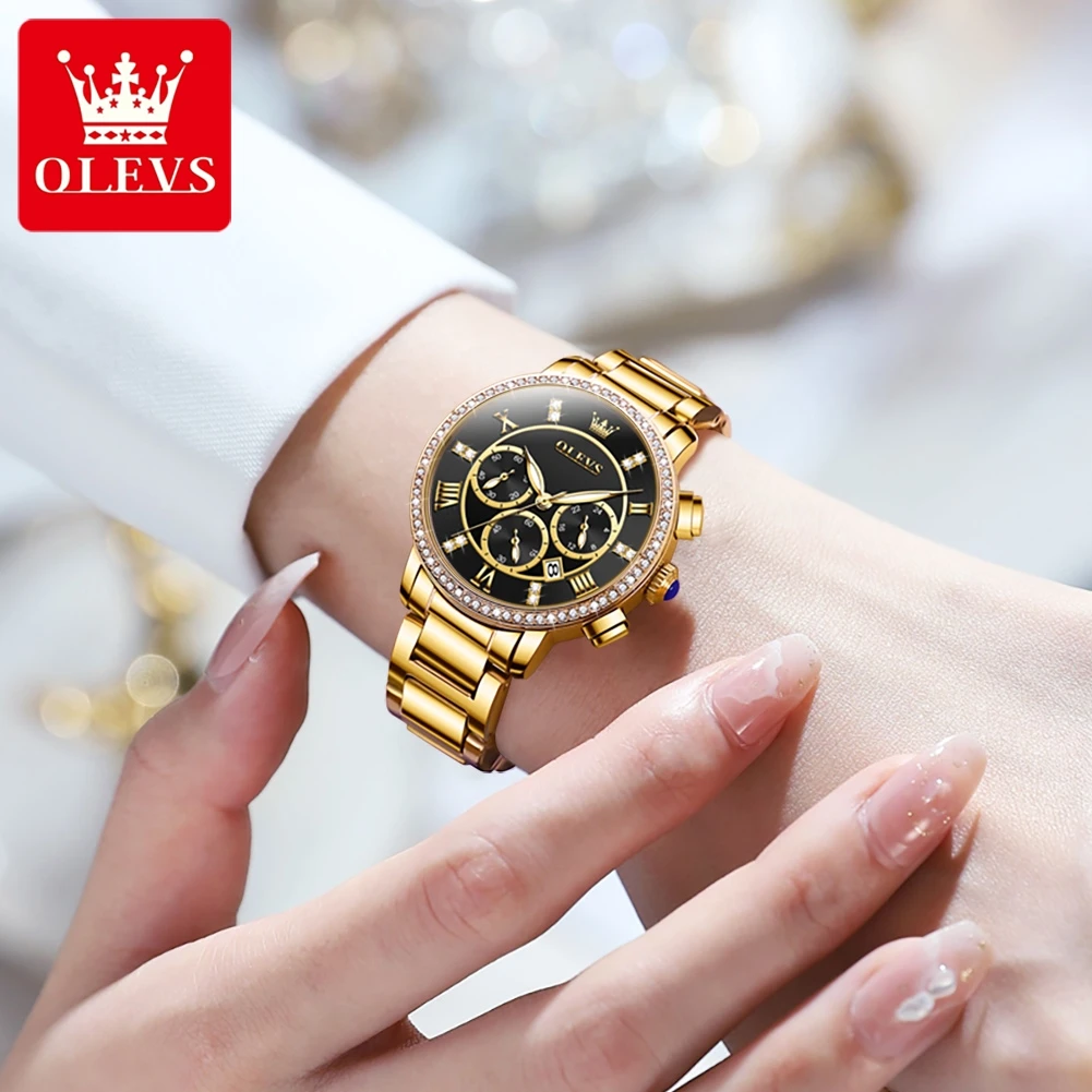 OLEVS New Luxury Gold Watch for Women Stainless Steel Waterproof Calendar Chronograph Quartz Watches Womens Relogio Feminino