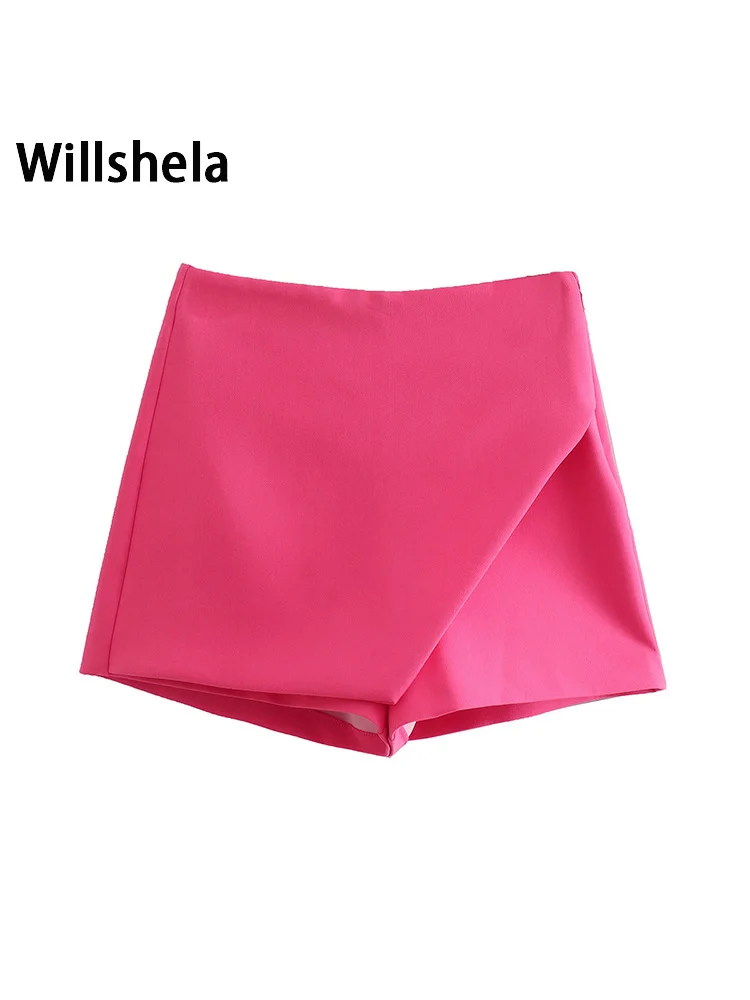 Willshela-Jupe courte pour femme, taille haute, poches arrière, fermeture éclair latérale, vintage, couleur unie, mode