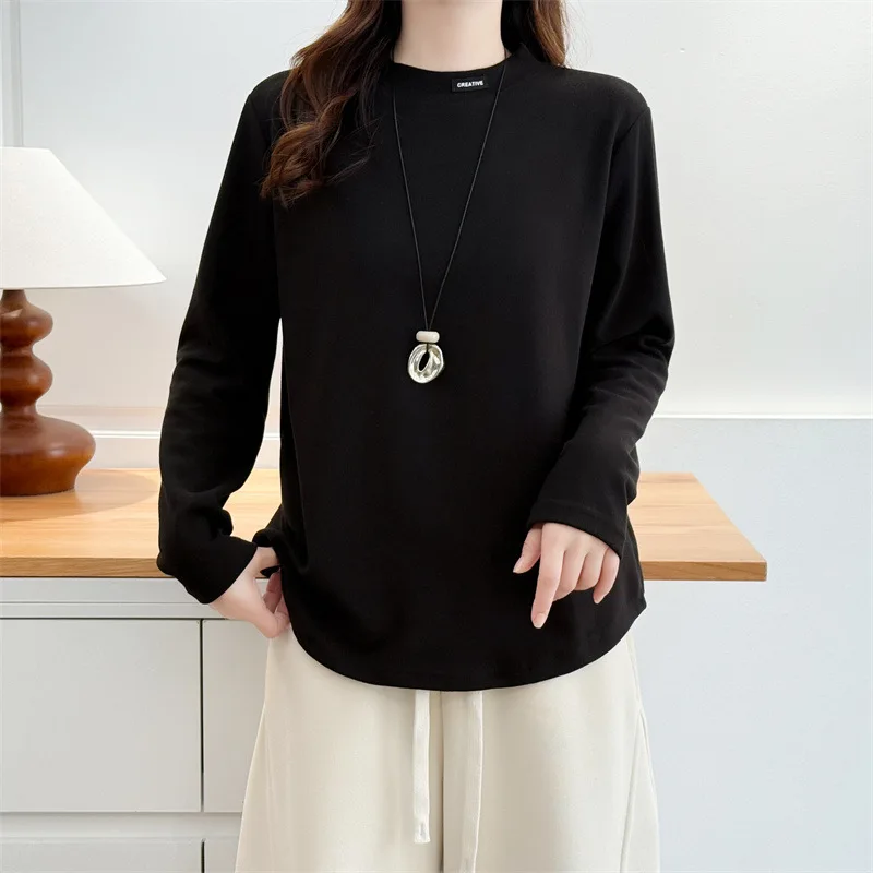 XXXXL Fashion Plus Size Women's T-Shirt Autumn And Winter Style Simple Elegant Long Sleeved Label Fleece Warm Inside Tops 8088