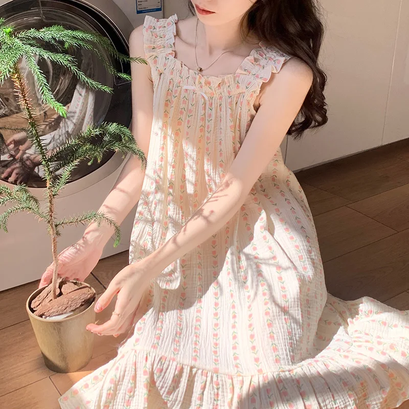 

Korean Style Soft Floral Summer Cute Sweet NightDress Women Sling Princess Flowers Young Girl Loose Sleep Tops Elegant Casual