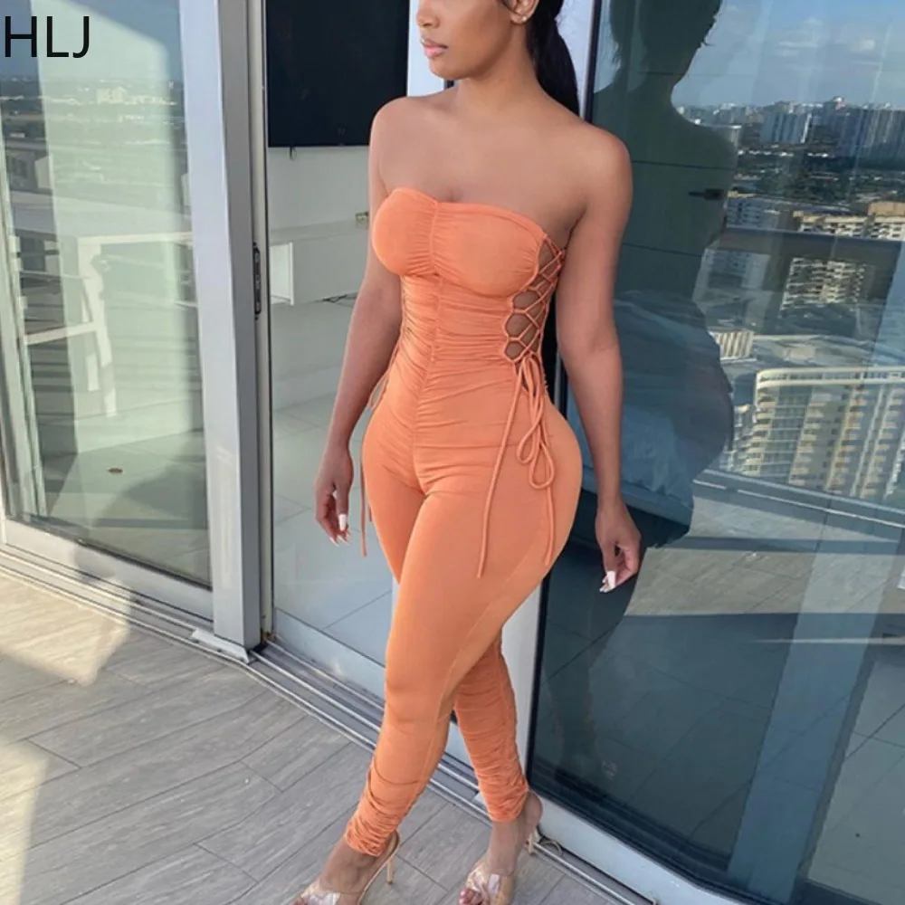HLJ Sexy Solid Color Ruched Side Bandage Bodycon Tube Jumpsuit Women Sleeveless Backless Slim Playsuit Female Overall Streetwear