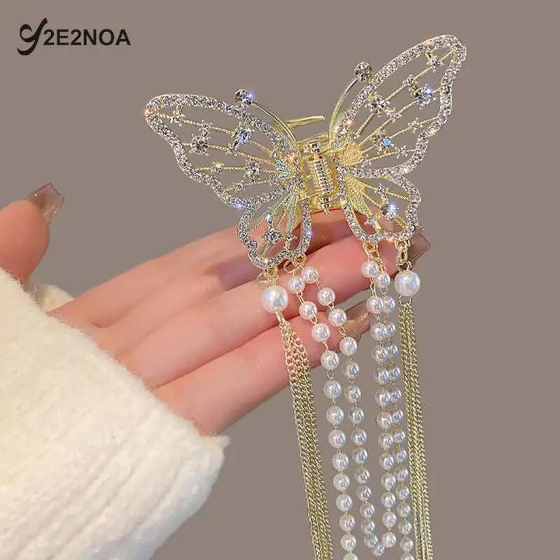 Pearl Tassel Butterfly Hair Claw Vintage Long Pendant Hair Clips Crab Barrette Headband Hairpin Elegant Hair Accessories