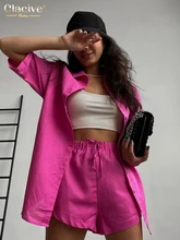 

Clacive Casual Pink Summer Suit For Women Fashion Short Sleeve Shirts Two Piece Set Female Elegant Lace-Up High Waist Shorts Set
