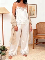 Ensemble pyjama en Satin blanc pour femmes, vêtements de nuit d'été, bretelles Spaghetti en dentelle, camisole avec pantalon, ensembles deux pièces 1