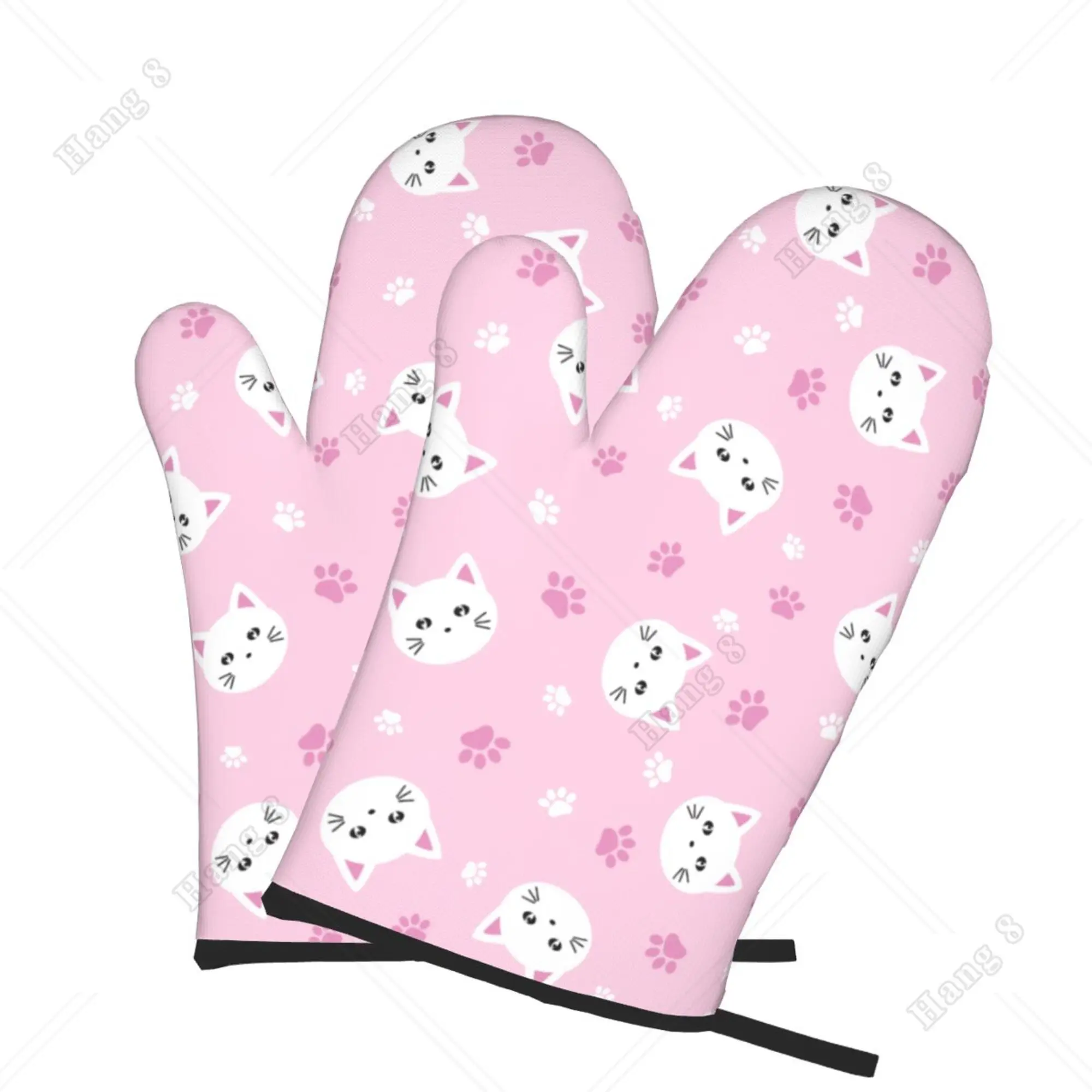 Pink Cat Cute Cartoon Oven Mitts Kitchen Gloves 2PC for Girls Women Heat Resistant Print Polyester Waterproof Cooking Baking