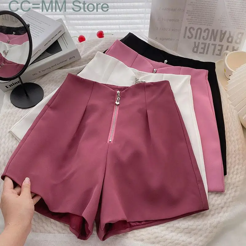 New Shorts Summer High Waist Wide Leg Zipper Bottoms Korean Casual Fashion Office Ladies Red Straight Shorts